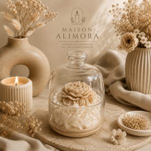 Maison Alimora, bougie dans une cloche en verre, fond coulée, chantilly, fleur posée, beige et blanc