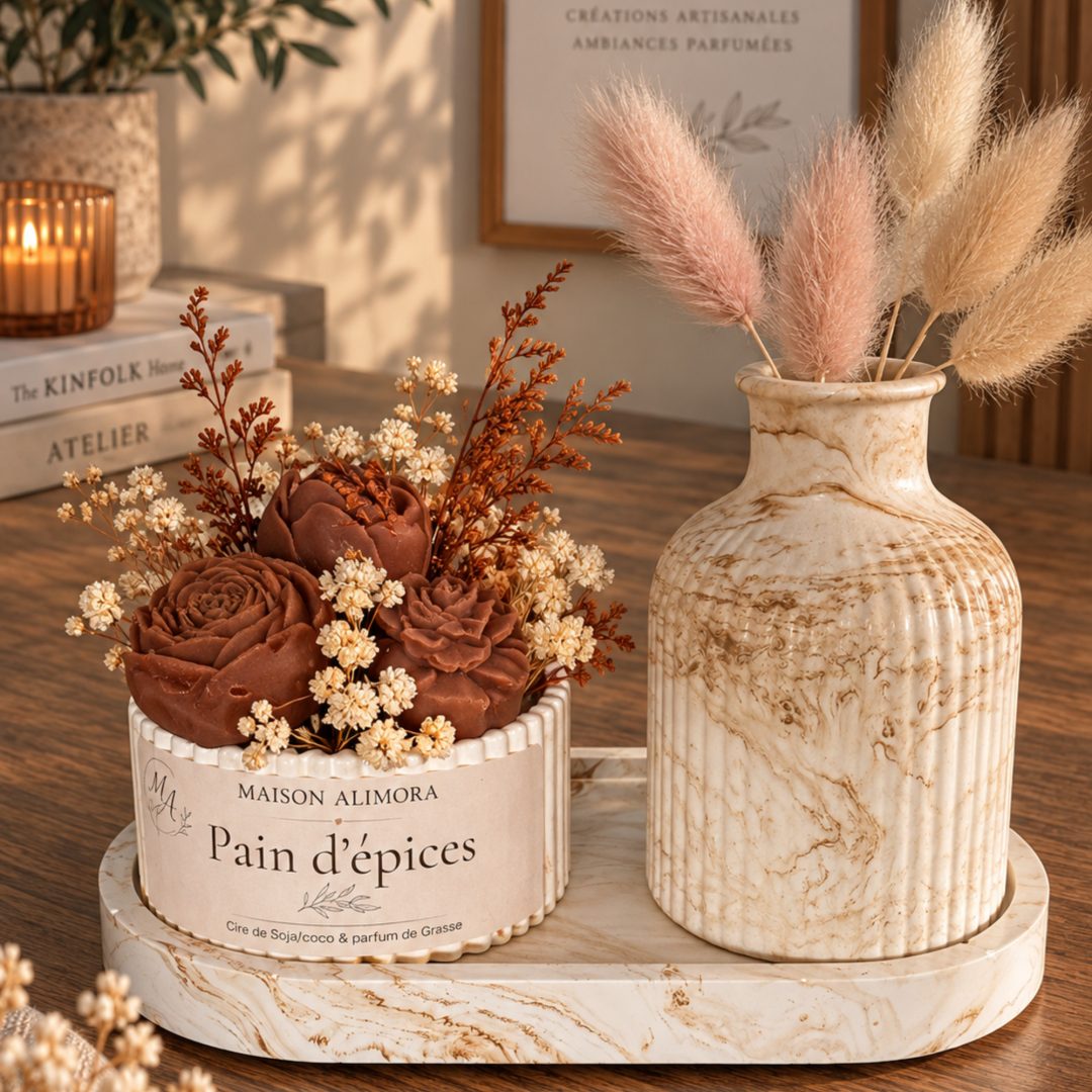 Maison Alimora - Lot Plateau vase pot avec bougie - 5 fondant forme de fleur piqués au dessus Format 1x1